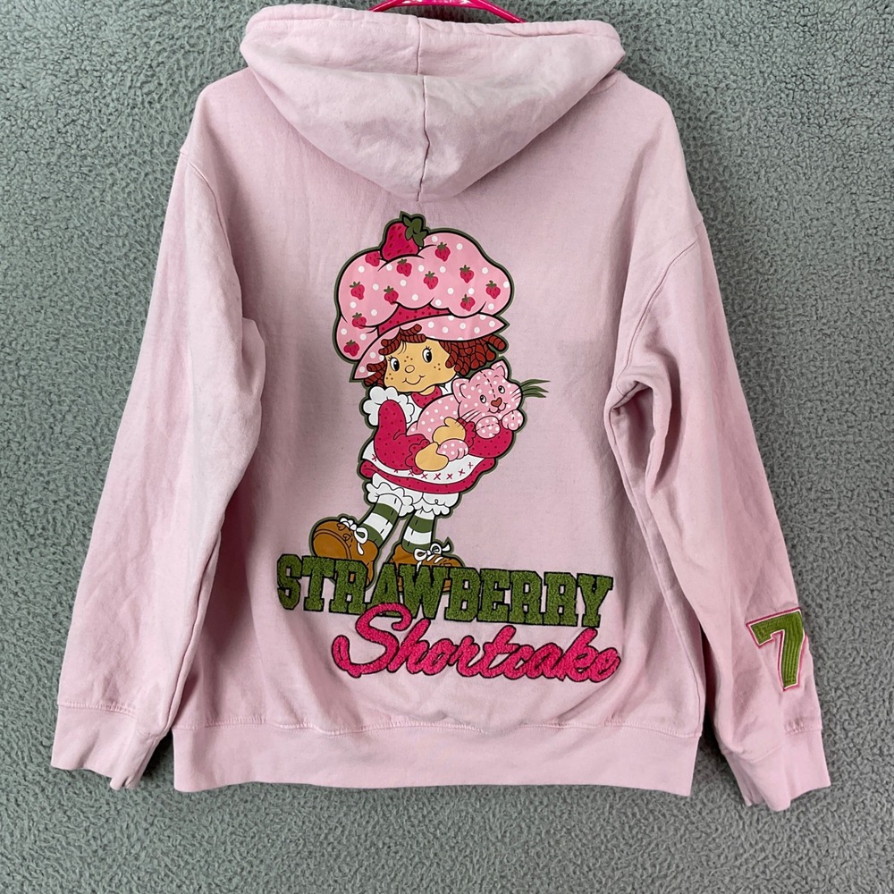 Strawberry Shortcake Hoodie Women L Pink Excellent Graphic Embroidered Retro 80s